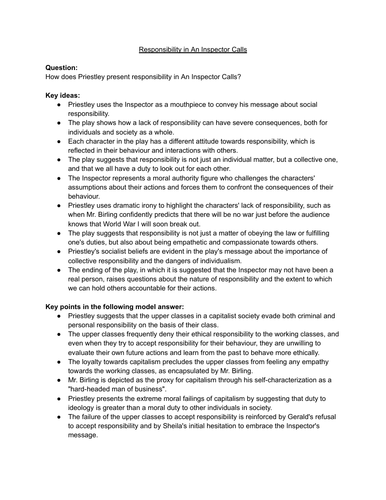 Grade 9 Model Answer and Revision Guide: Responsibility in An Inspector Calls