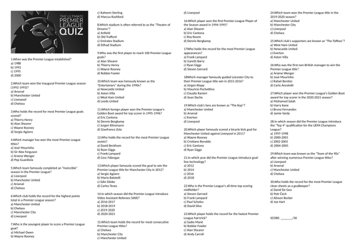 History of the Premier League Quiz