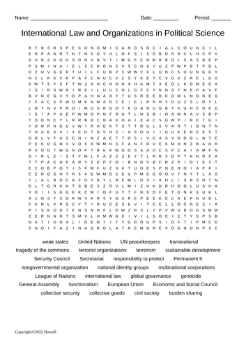 International Law and Organizations in Political Science Vocabulary Word Search