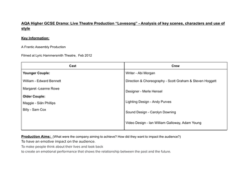 AQA Higher GCSE Drama Section C: Live Theatre Production “Lovesong”