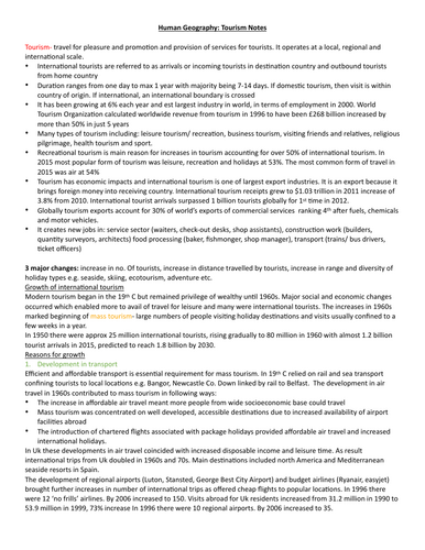 CCEA A2 Geography Tourism revision notes