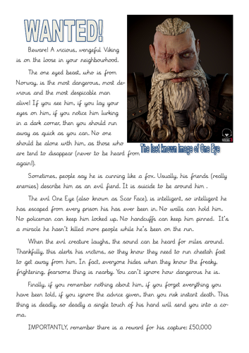Writing Y5 Viking Wanted Posters - Narrative Descriptive Writing