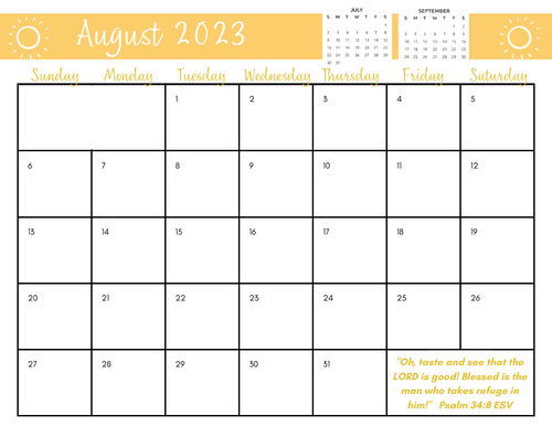 Printable Calendar w/Bible Verses - Aug 2023-Dec 2024