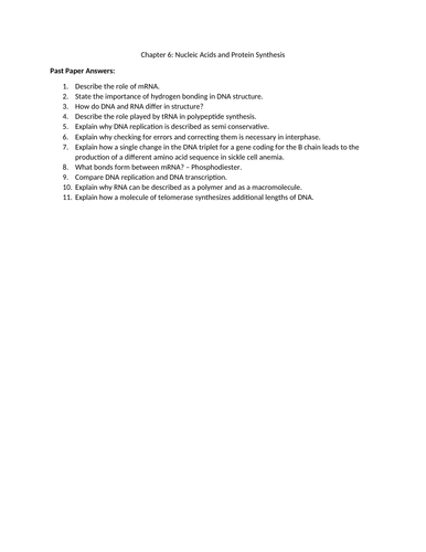 Chapters 6 (Nucleic Acids and Protein Synthesis) CIE Past Paper Questions