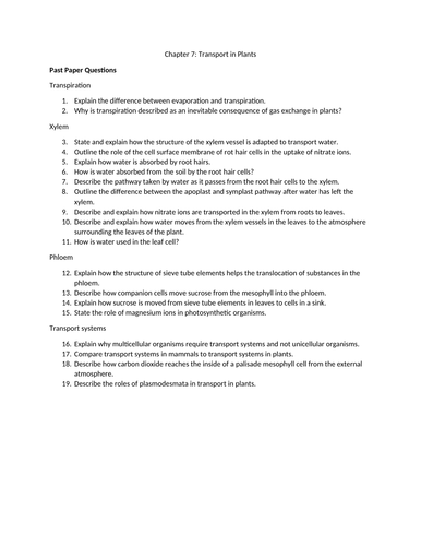 Chapters 7 (Transport in Plants) CIE Past Paper Questions