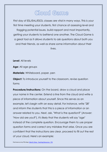 Interactive ESL Icebreaker Activity: The Cloud Game for Building Connections
