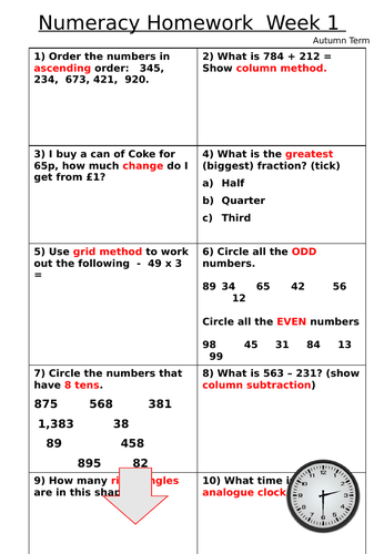 Year 4 Maths Homework Autumn Term - 12 weeks