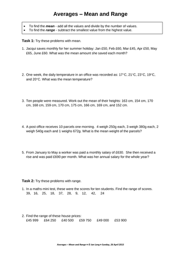 Averages – Mean and Range