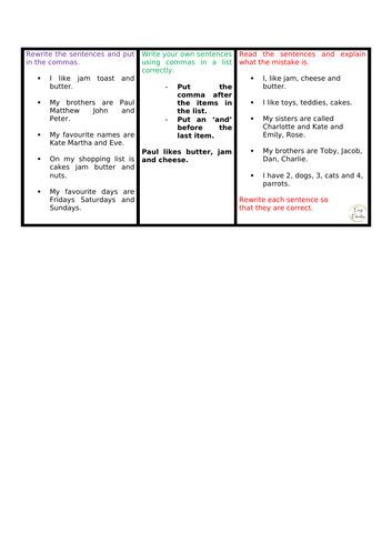 Year 2 Commas in a List Lesson and Task