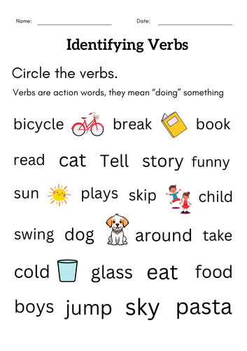 identifying verbs worksheet for grade 1 2 - identify action verbs ...