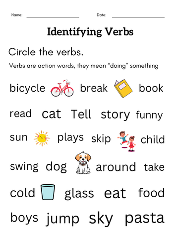 identifying verbs worksheet for grade 1 2 - identify action verbs activity book