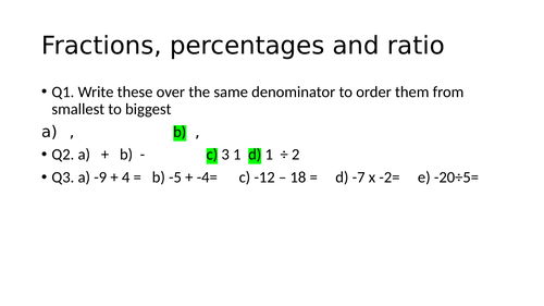 fractions, percentages and ratio