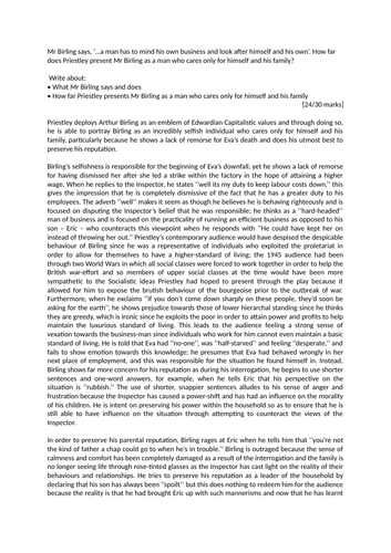 Mr Birling says, ‘…a man has to mind his business.'' How far do you agree that Birling is selfish?