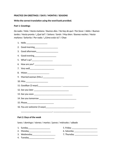 Practice on greetings / days / months / seasons (Spanish)