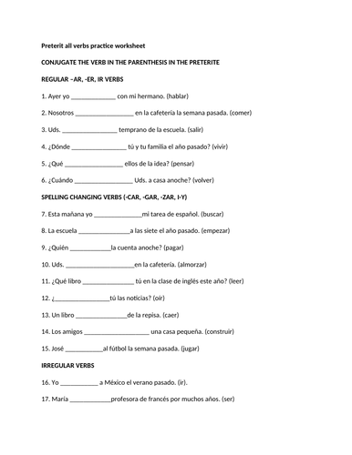 Preterit all verbs practice worksheet