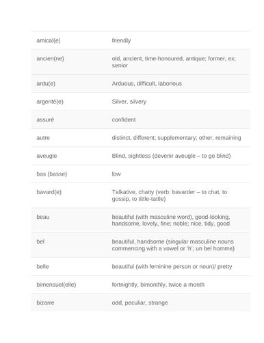 Home Schooling French Language LIST OF ADJECTIVES