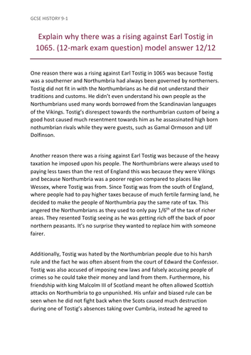 Explain why there was a rising against Earl Tostig in 1065. (12-mark exam question) model answer 12/