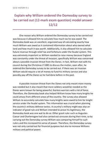 Explain why William ordered the Domesday survey to be carried out (12-mark exam question) model answ