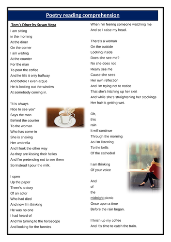 Tom's Diner Poetry reading comprehension KS2 KS3 Year 5 6 7 SATs style