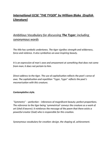 iGCSE ENGLISH LITERATURE studying "The Tyger" poetry anthology; key vocabulary