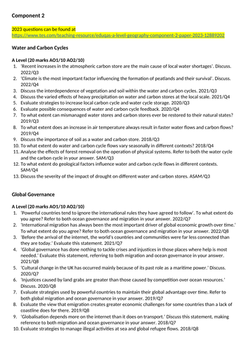 Eduqas A Level Geography Exam Questions - Component 2