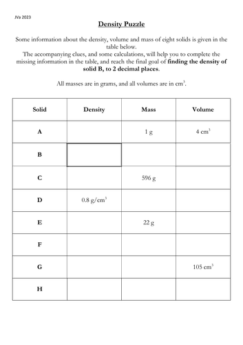 Density, Volume and Mass Puzzle