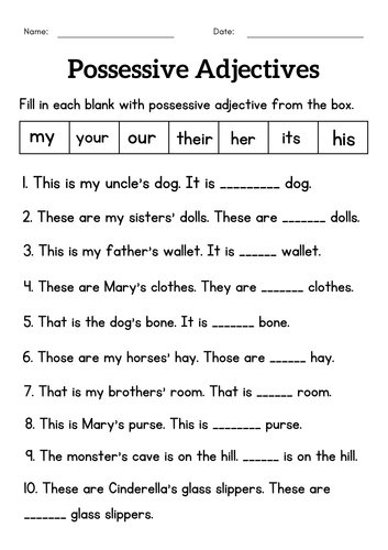 grammar possessive adjective worksheet for class 1 2