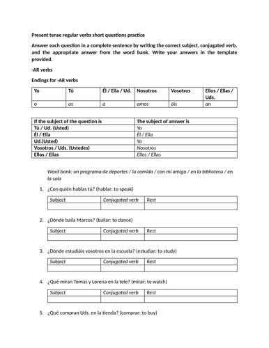 Present tense regular verbs short questions practice