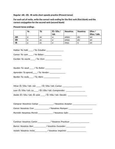 Regular -AR, -ER, -IR verbs short speedy practice (Present tense)