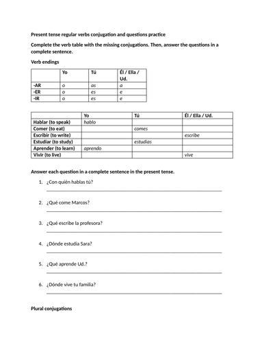 Present tense regular verbs conjugation and questions practice