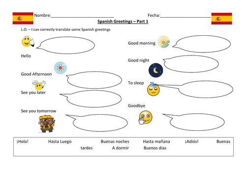 Spanish Greetings 1st Level speech bubbles