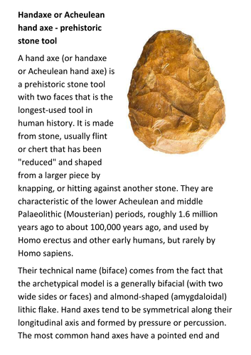 Handaxe or Acheulean hand axe - prehistoric stone tool Handout