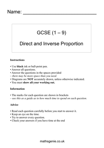 Direct And Inverse Proportion Teaching Resources 9074