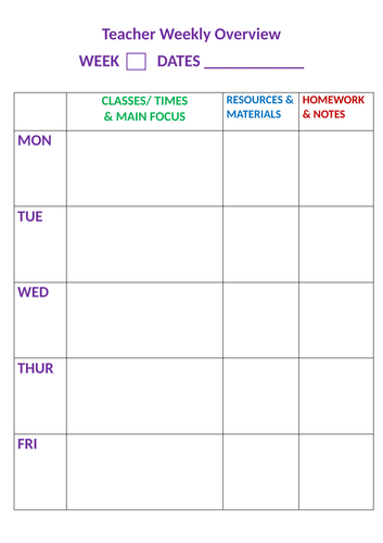 Teacher Weekly Lesson Overview