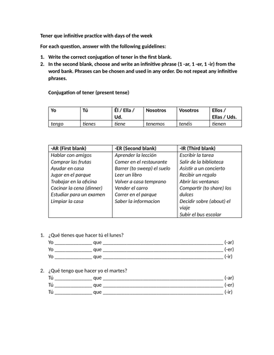 Tener que infinitive practice with days of the week
