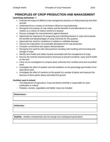 Principles of Crop production- Teacher notes and fillable student notes