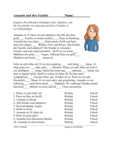 German Adjectives Reading | Amanda und ihre Familie Text (Adjektiven)