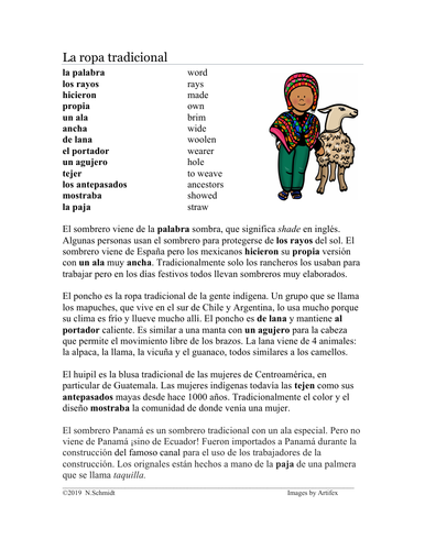 La ropa tradicional Lectura y Cultura (sombrero, poncho, huipil) Spanish Reading