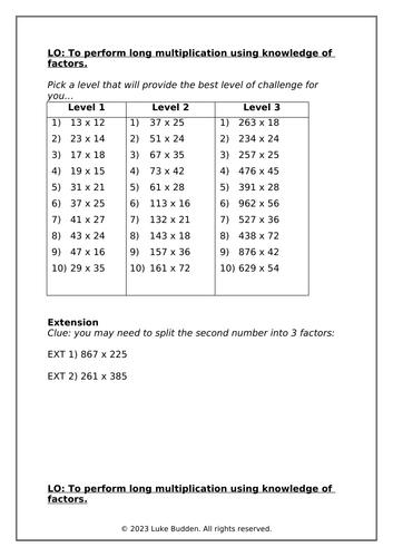 KS2 Long Multiplication using Factors Worksheet