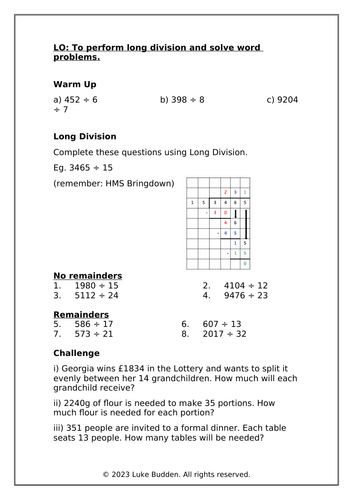 KS2 Long Division + Word Problems LA Worksheet