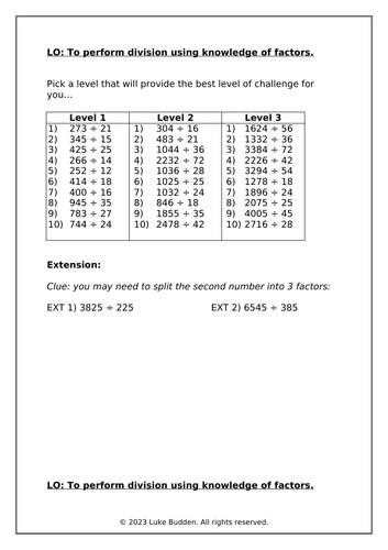 KS2 Long Division using Factors Worksheet