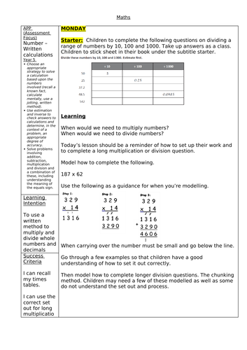 Y5 Maths Planning and Resources (Covering Written Calculation)