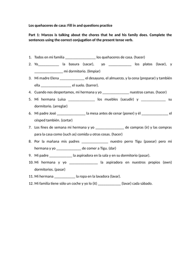 Los quehaceres de casa: Fill in and questions practice