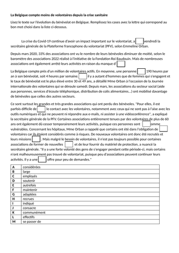 AQA Style -Fill in the gaps - Le bénévolat - A-level French