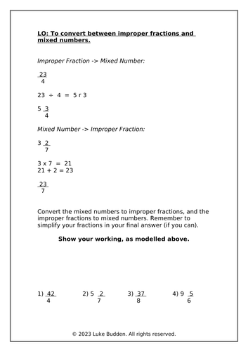 KS2 Converting between Improper Fractions and Mixed Numbers Worksheet