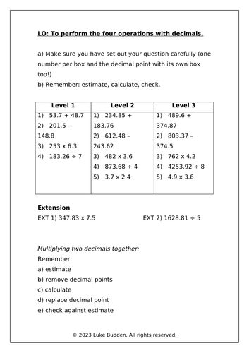 KS2 Four Operations with Decimals Worksheet - Differentiated