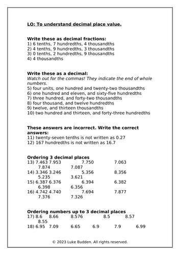 KS2 Decimal Place Value Worksheet