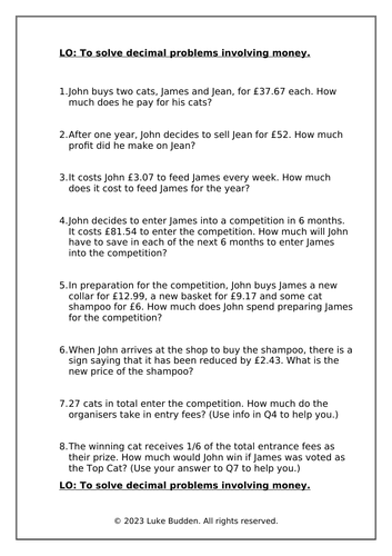 KS2 Decimal Word Problems with Money - Differentiated Worksheets
