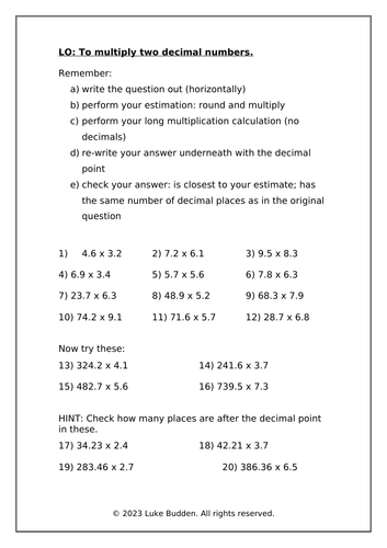 KS2 Multiplying Decimal Numbers - Differentiated Worksheets