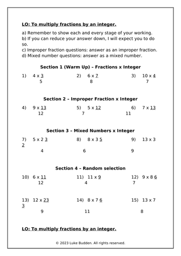 KS2 Multiplying Fractions by an Integer Worksheet
